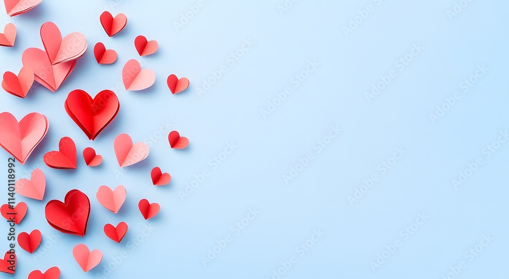 Red paper heart shapes scattered on a blue background. An attempt to create an atmosphere that makes Valentine's Day memorable. Ideas for celebrating Valentine's Day in a romantic way. Red paper heart shapes scattered on a blue background. An attempt to create an atmosphere that makes Valentine's Day memorable. Ideas for celebrating Valentine's Day in a romantic way.