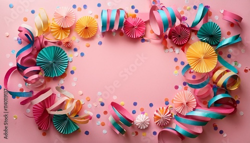 Top view of colorful frame made of paper serpentines and confetti for Carnival on pale pink background. Generated image photo