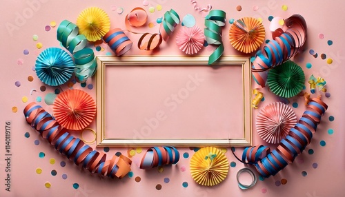 Top view of colorful frame made of paper serpentines and confetti for Carnival on pale pink background. Generated image photo