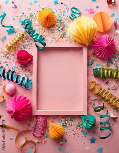 Top view of colorful frame made of paper serpentines and confetti for Carnival on pale pink background. Generated image photo