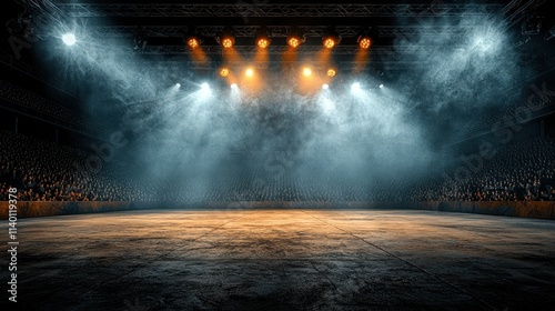 Muay thai action empty ring sports venue bright lights dramatic atmosphere spotlight concept for maximum impact