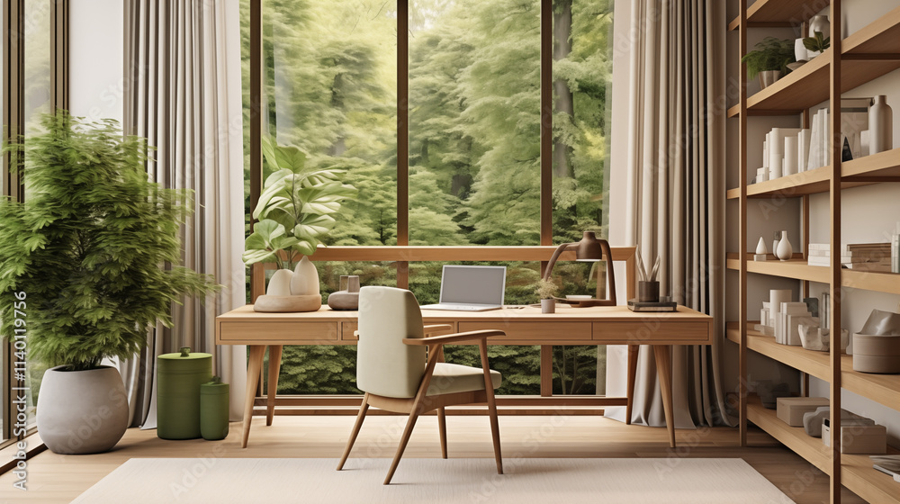 Scandinavian-style home office with wooden desk, bamboo blinds, and natural light, surrounded by plants for a cozy and eco-friendly work environment. Scandinavian-style home office with wooden desk, bamboo blinds, and natural light, surrounded by plants for a cozy and eco-friendly work environment.