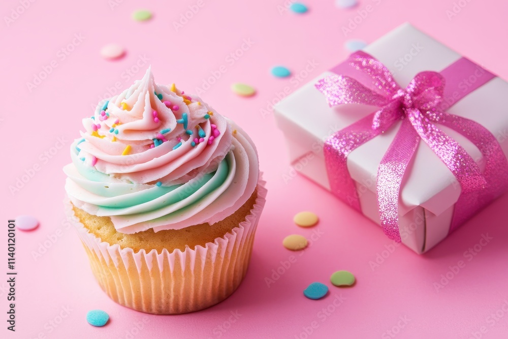 Delicious pastel cupcake with pink frosting next to a beautifully wrapped gift box on a soft pink background with colorful confetti sprinkles Delicious pastel cupcake with pink frosting next to a beautifully wrapped gift box on a soft pink background with colorful confetti sprinkles