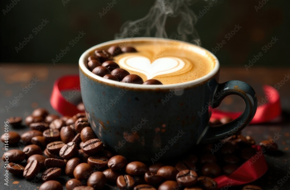 Steaming coffee cup with latte art and coffee beans around. Steaming coffee cup with latte art and coffee beans around.