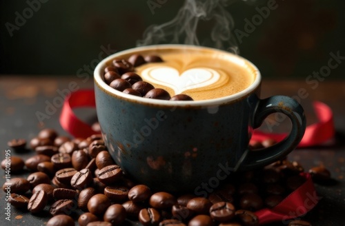 Steaming coffee cup with latte art and coffee beans around. photo