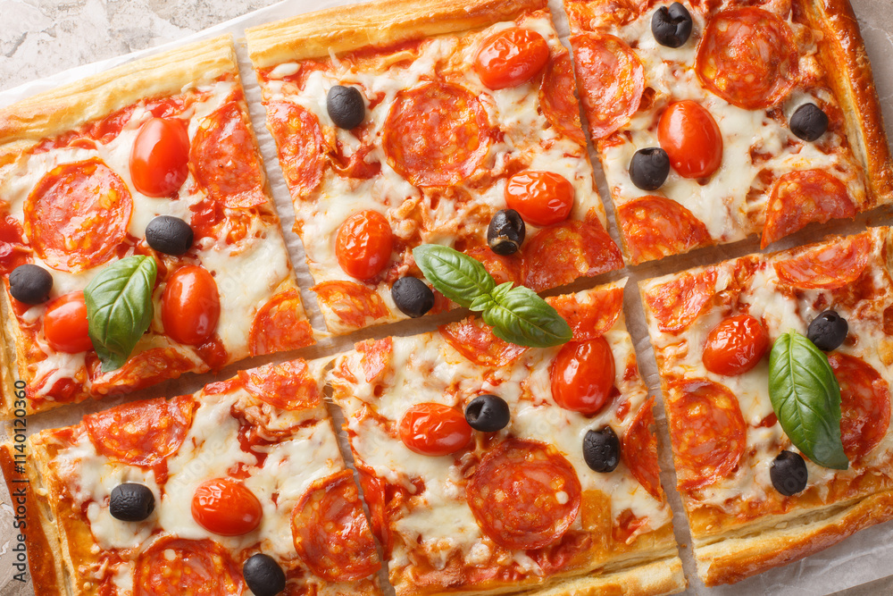 Tasty baked Puff pastry tart pizza style with pepperoni sausage, olives, tomatoes and mozzarella cheese close-up on parchment on table. Horizontal top view from above
