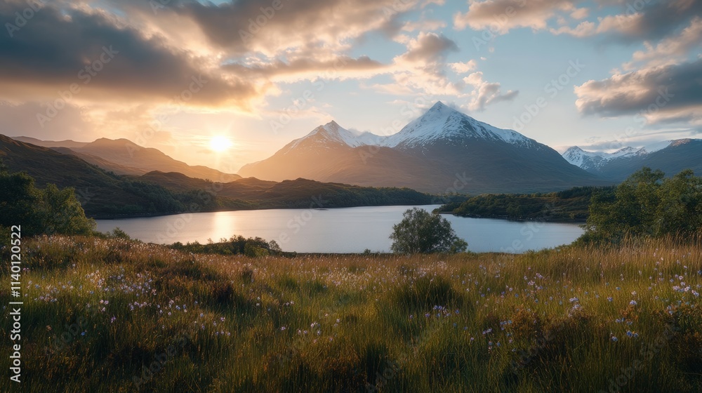Breathtaking mountain scenery at sunset by a calm lake with vibrant wildflowers in the foreground Breathtaking mountain scenery at sunset by a calm lake with vibrant wildflowers in the foreground