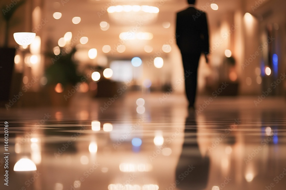 Fototapeta premium Elegant Businessman Walking Through a Luxurious Hotel Lobby with Reflections on the Polished Floor in Soft Focus Aesthetic