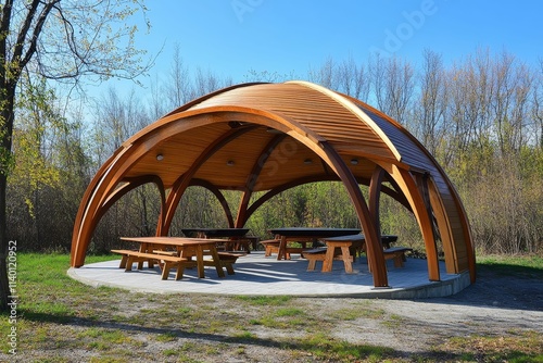 Wooden pavilion with picnic tables, sunny setting.