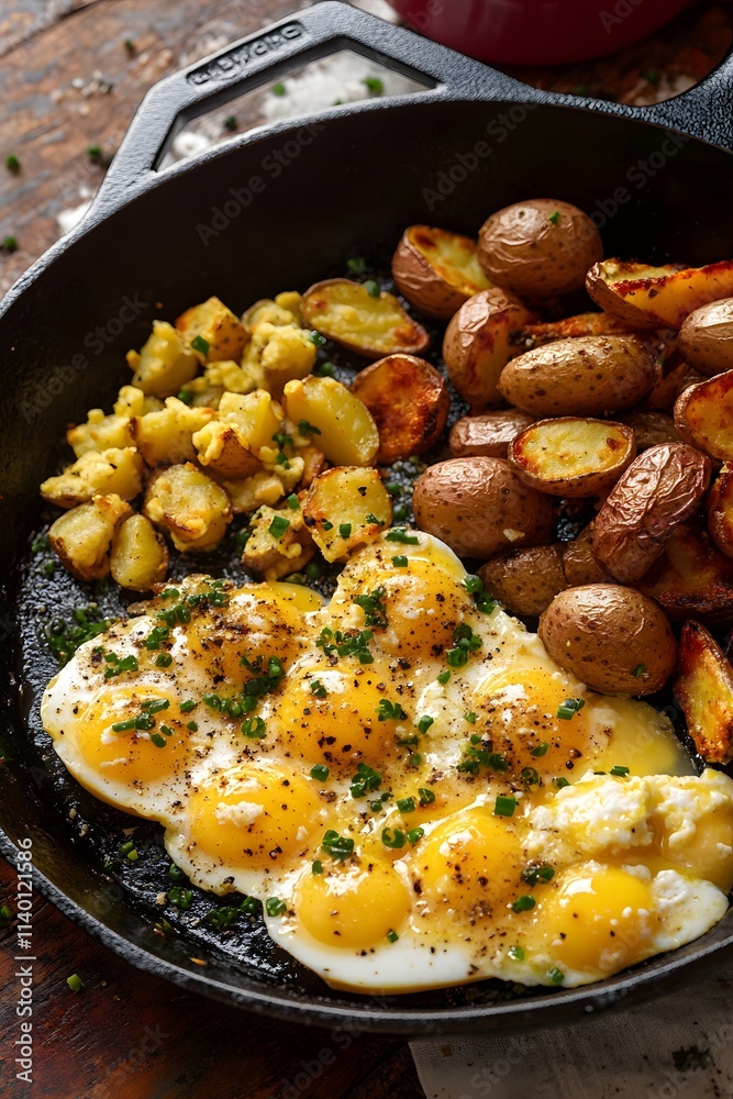 A hearty breakfast featuring fried eggs, roasted potatoes, and seasoned hash browns in a skillet. A hearty breakfast featuring fried eggs, roasted potatoes, and seasoned hash browns in a skillet.