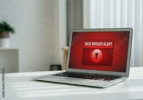 Data breach alert displayed on a laptop screen, highlighting security vulnerability and potential cyber threats