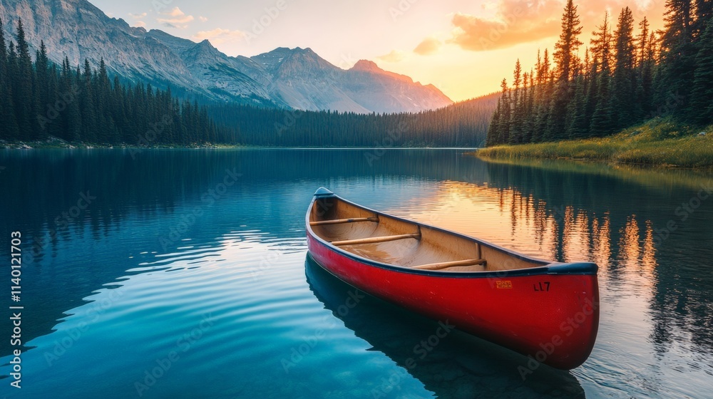 A serene lake scene with a red canoe floating calmly at sunset surrounded by mountains and tall trees. A serene lake scene with a red canoe floating calmly at sunset surrounded by mountains and tall trees.