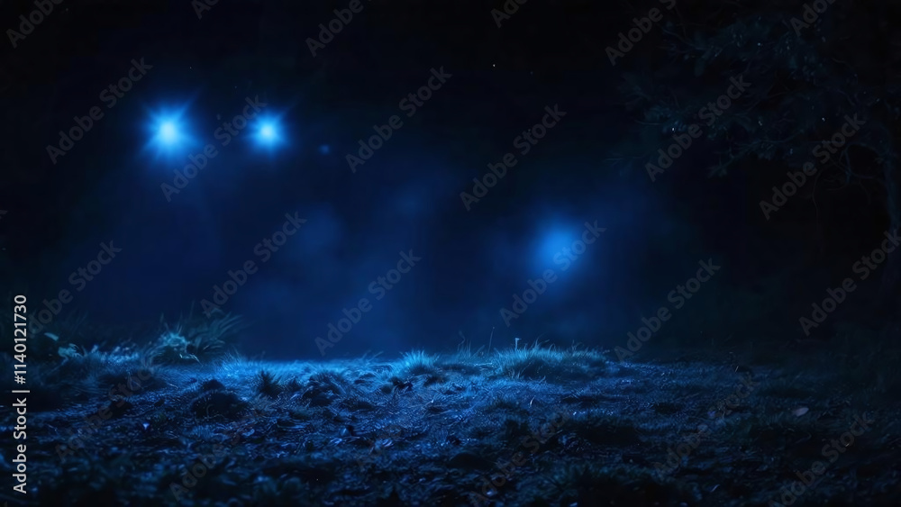 Mysterious blue lights illuminating a dark forest floor with a serene ambiance. Mysterious blue lights illuminating a dark forest floor with a serene ambiance.