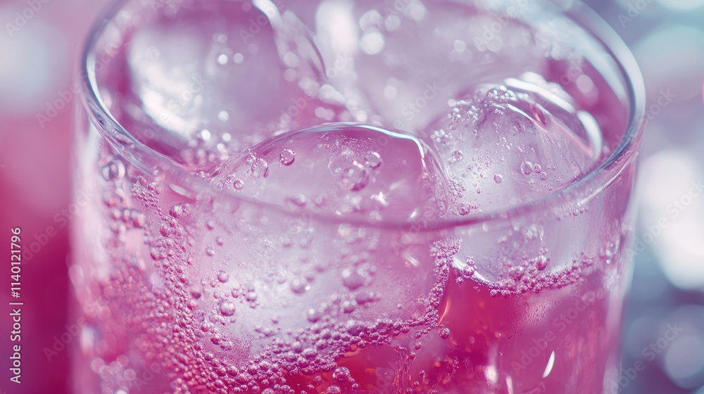 Close-up of a glass with pink fizzy drink and ice cubes. Close-up of a glass with pink fizzy drink and ice cubes.