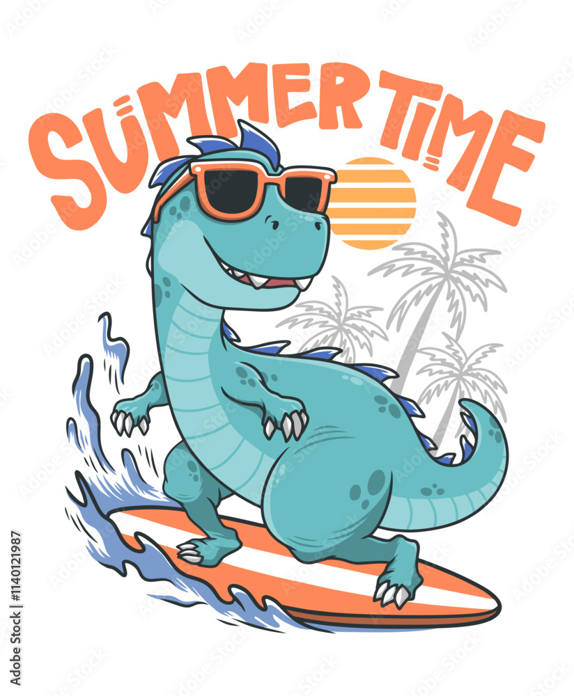 Cute Dinosaur Surfing Hand Drawn Vector Illustration Design