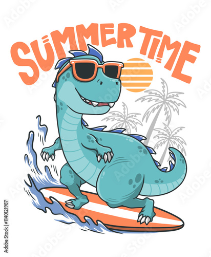 Cute Dinosaur Surfing Hand Drawn Vector Illustration Design