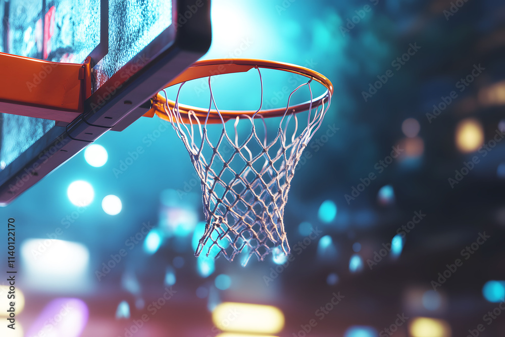 Basketball hoop red metal rim mounted on backboard featuring white net, commonly used in outdoor or indoor courts for sport. Copy space for text. Points are scored by throwing the ball into hoop. Basketball hoop red metal rim mounted on backboard featuring white net, commonly used in outdoor or indoor courts for sport. Copy space for text. Points are scored by throwing the ball into hoop.