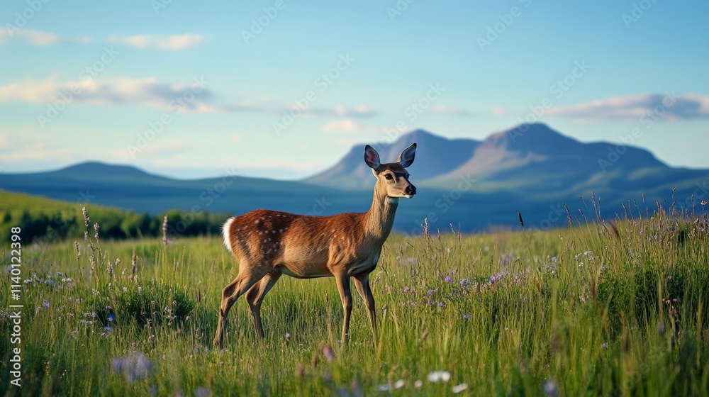 Naklejka premium Young deer stands gracefully in a green meadow with mountains behind. Nature shines with vibrant colors and fresh air.