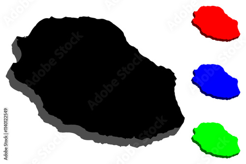3D map of Reunion (La Reunion, island and region of France) - black, red, blue and green - vector illustration