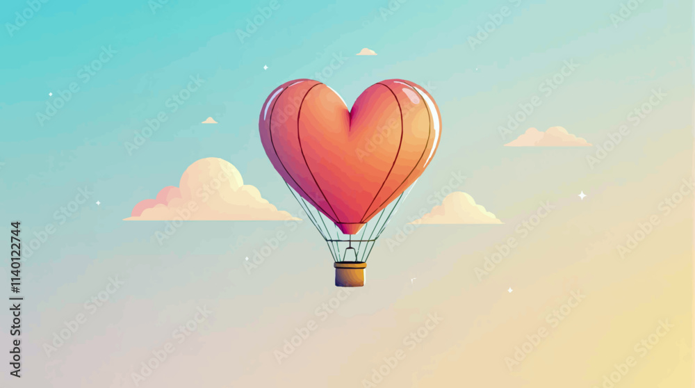Fototapeta premium Heart-shaped hot air balloon illustration, pastel colors, perfect for romantic designs