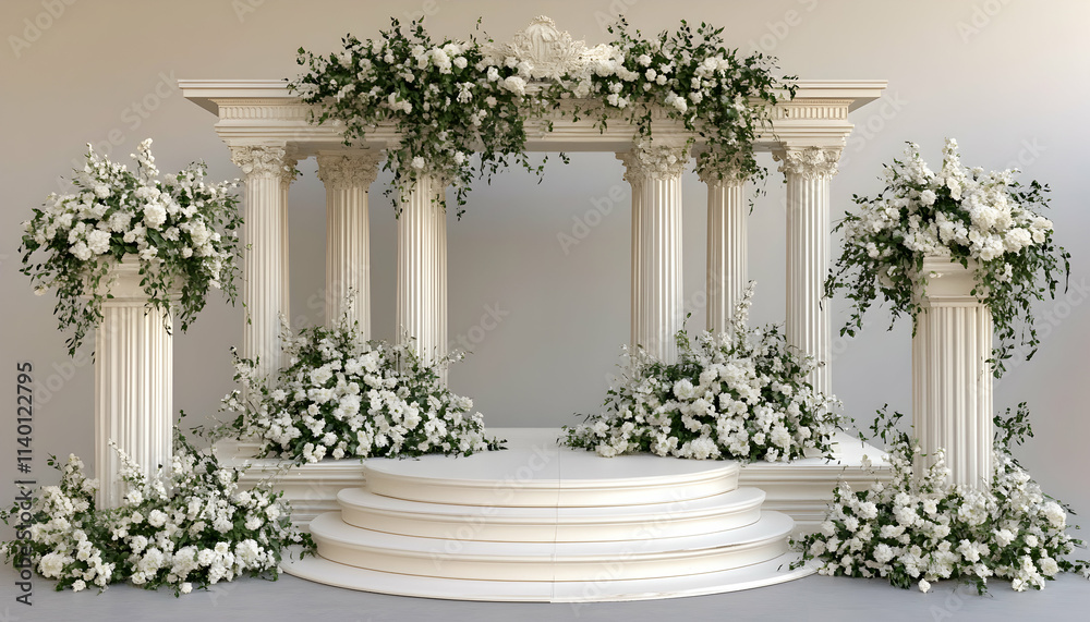 Elegant white floral wedding ceremony setup with Grecian columns and a circular altar. Perfect for wedding invitations, blogs, or romantic concepts. Elegant white floral wedding ceremony setup with Grecian columns and a circular altar. Perfect for wedding invitations, blogs, or romantic concepts.
