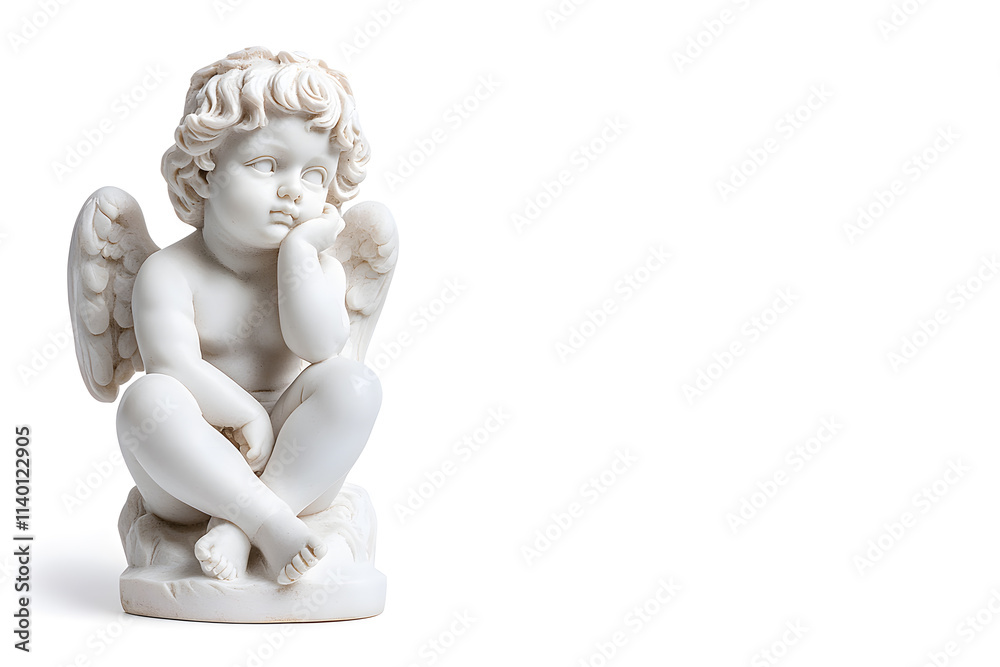 White marble statue of sitting cherub, isolated on white background White marble statue of sitting cherub, isolated on white background