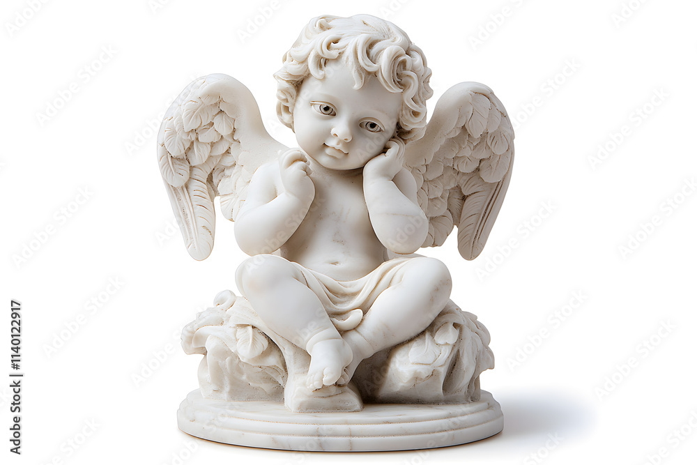 White marble statue of sitting cherub, isolated on white background White marble statue of sitting cherub, isolated on white background