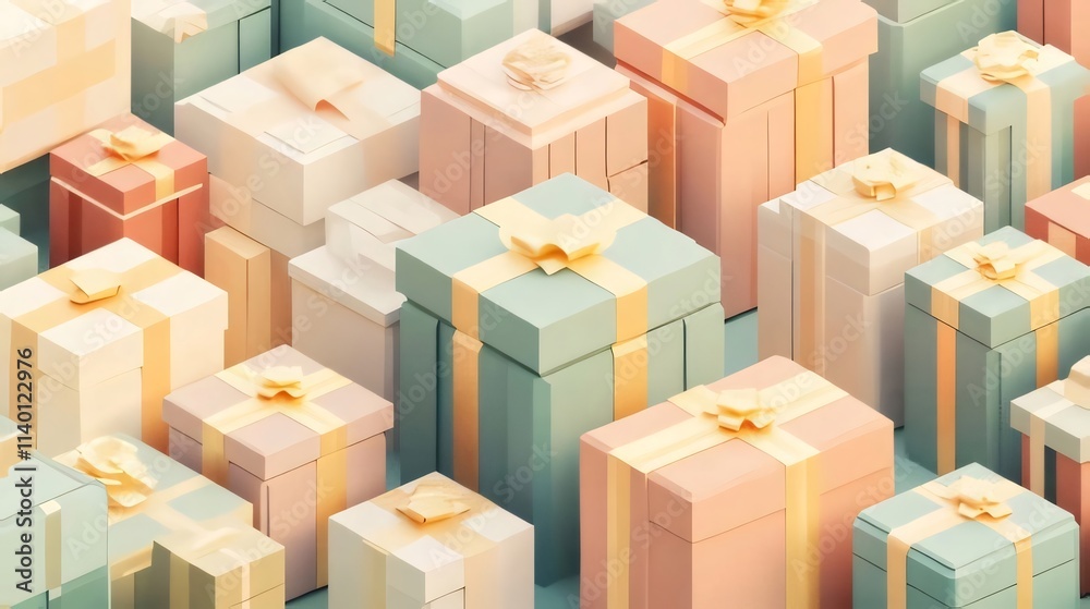 Pastel-colored gift boxes with ribbons, arranged in a dense pattern. Pastel-colored gift boxes with ribbons, arranged in a dense pattern.