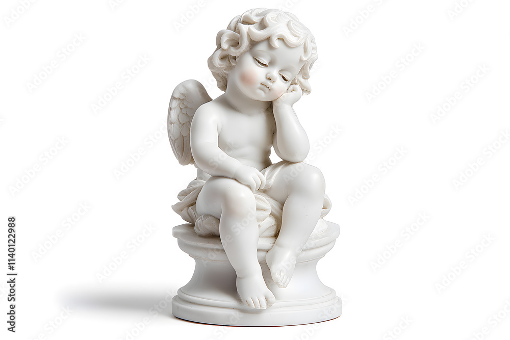 White marble statue of sitting cherub, isolated on white background White marble statue of sitting cherub, isolated on white background