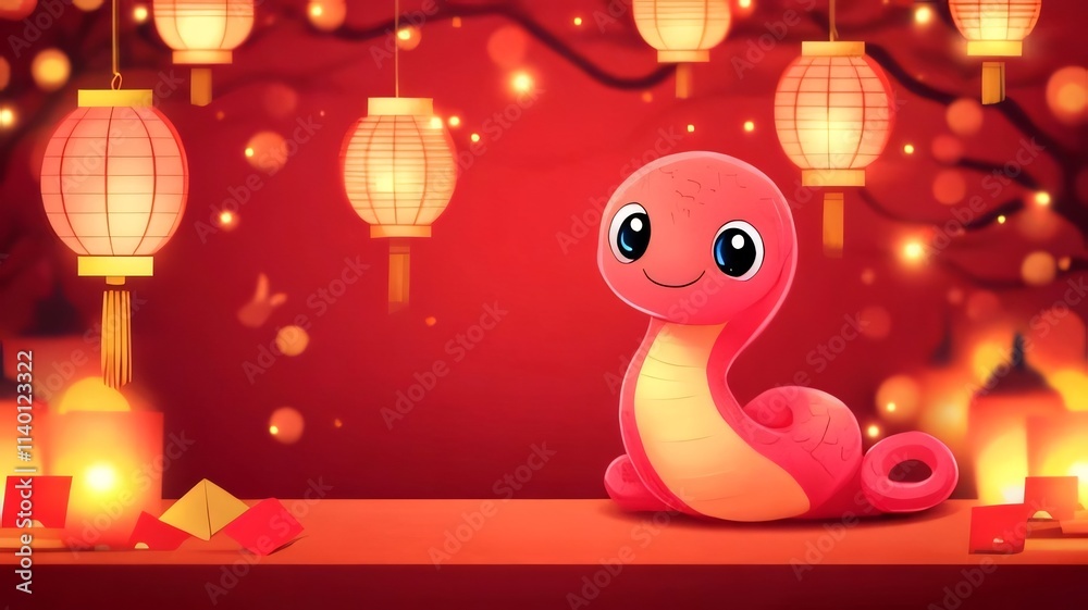 Cute cartoon snake amidst lanterns. Cute cartoon snake amidst lanterns.