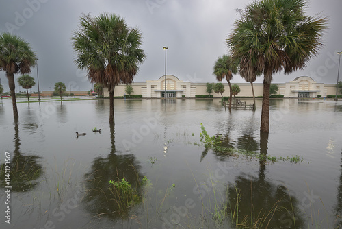 Heavy rains transform a mall parking lot into a flooded landscape, with two ducks swimming