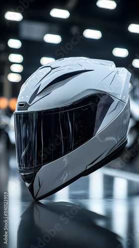 Sleek White Motorcycle Helmet, A Head-Turning Design,  Showcasing Aerodynamic Features and Superior Safety in Racing. photo