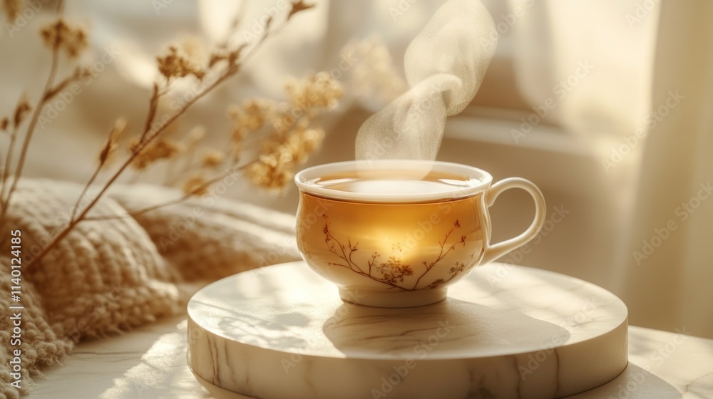 Steaming cup of tea creates cozy atmosphere on marble coaster by sunlight window Steaming cup of tea creates cozy atmosphere on marble coaster by sunlight window