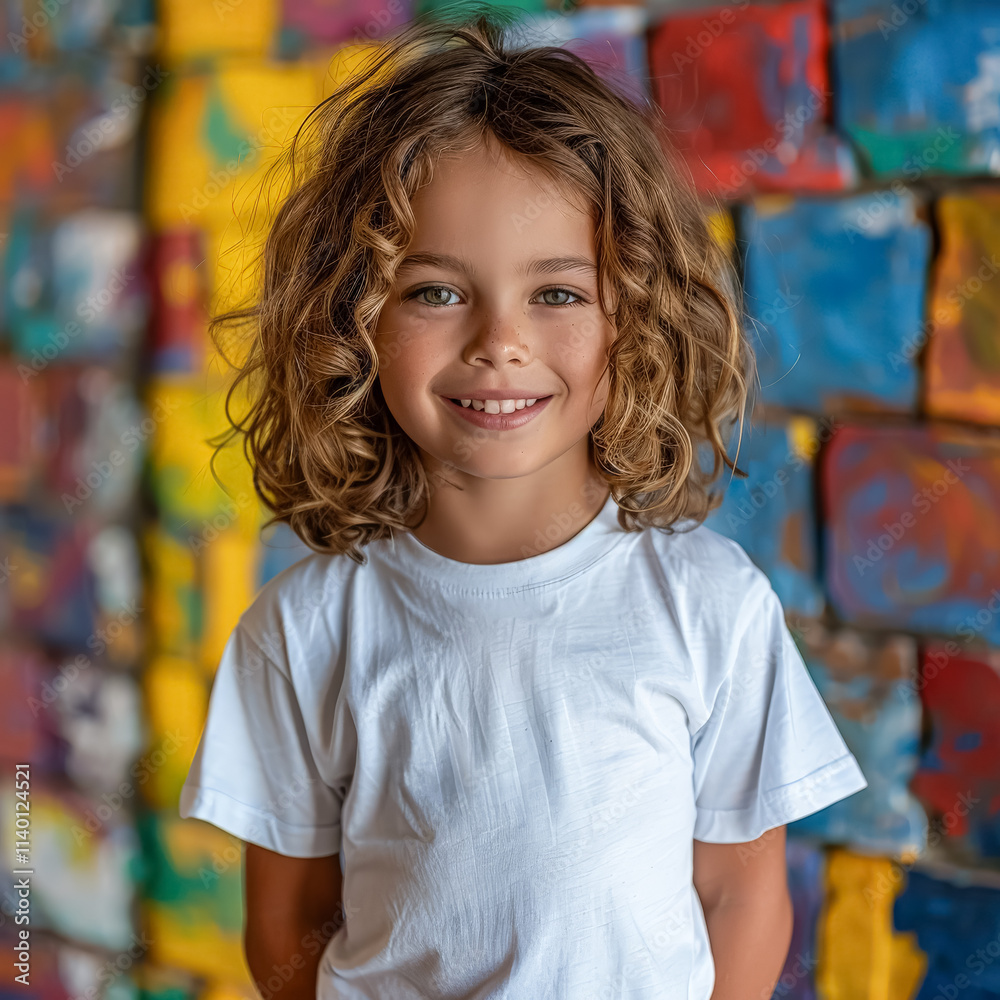 Young girl with curly hair is smiling and wearing a white shirt Young girl with curly hair is smiling and wearing a white shirt