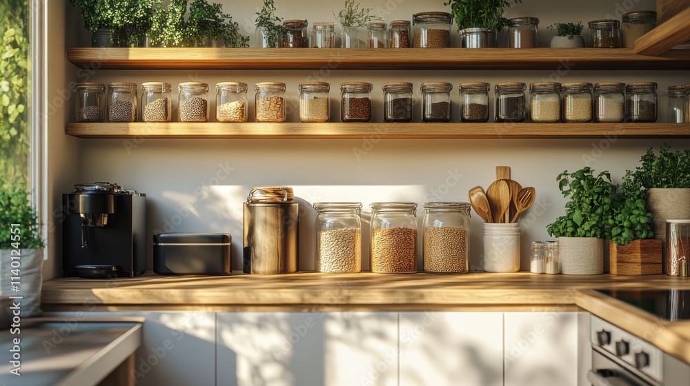 Bright modern kitchen filled with herbs and spices in jars during golden hour light Bright modern kitchen filled with herbs and spices in jars during golden hour light