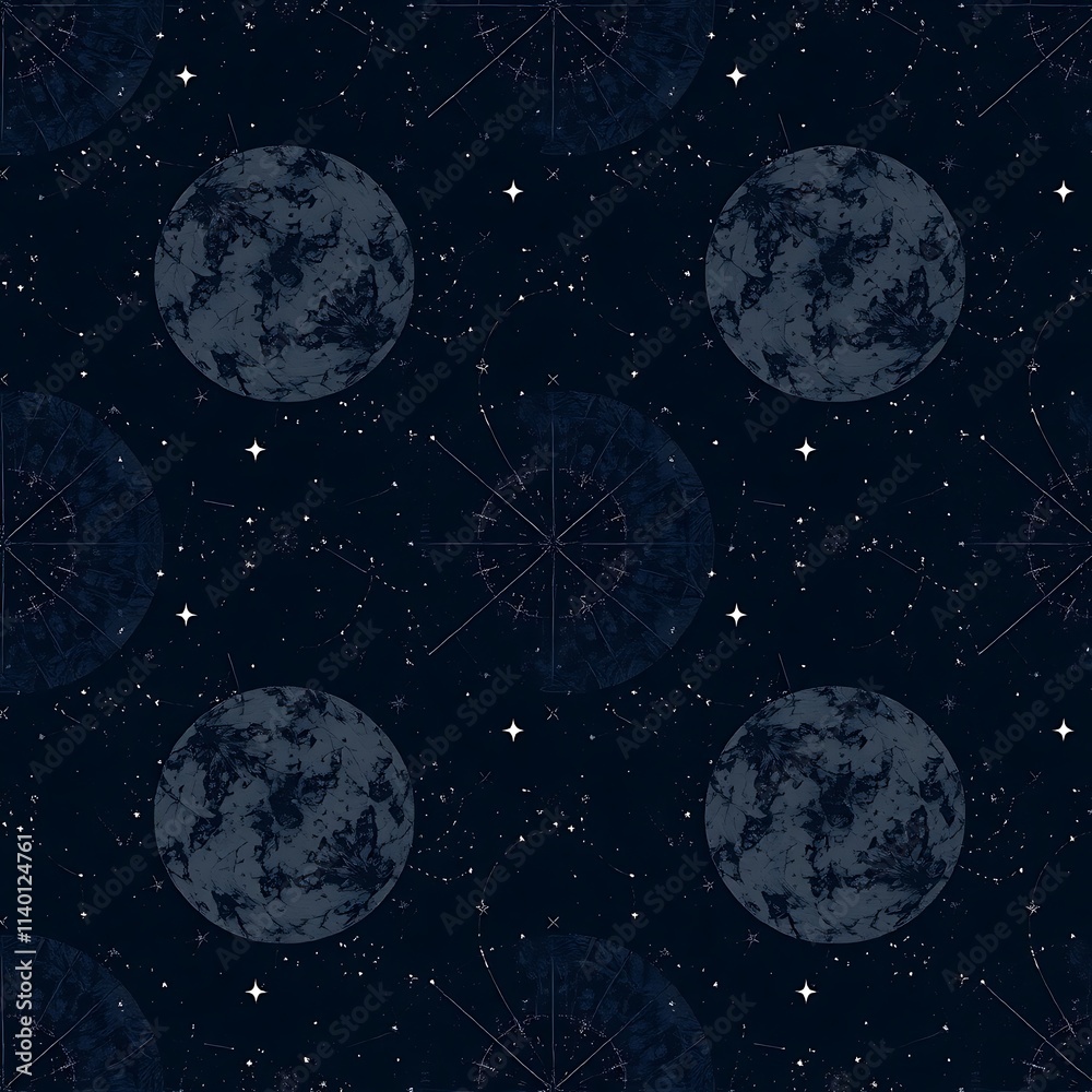Naklejka premium Celestial Dreams: A seamless pattern featuring celestial bodies in a night sky with twinkling stars and constellations. Perfect for wallpapers, fabrics, and interior design. 