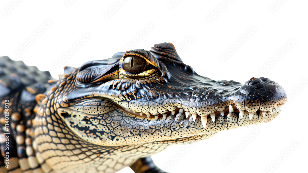 Fototapeta premium Close-up of a crocodile's expressive eyes and textured skin in a vibrant green environment