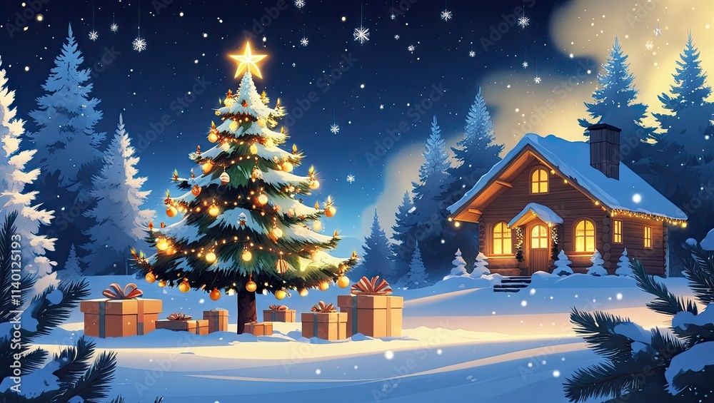 A serene winter scene with a beautifully lit Christmas tree surrounded by fresh snow, nestled near a cozy home in a tranquil forest. Ideal for holiday-themed designs, greeting cards, and background A serene winter scene with a beautifully lit Christmas tree surrounded by fresh snow, nestled near a cozy home in a tranquil forest. Ideal for holiday-themed designs, greeting cards, and background