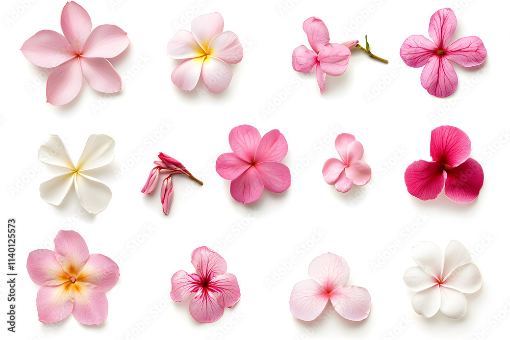 Frangipani bloom flowers collection top view isolated on white background Frangipani bloom flowers collection top view isolated on white background