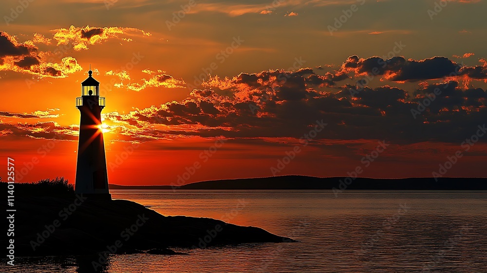 Fototapeta premium A lighthouse silhouetted against a vibrant sunset over calm waters.