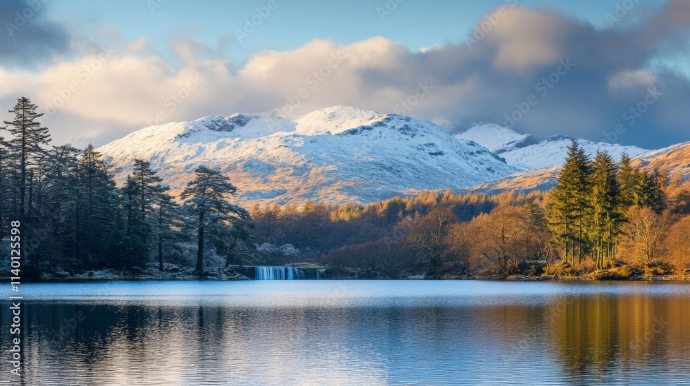Snowy mountains reflect in calm lake at sunrise with trees and clouds creating a beautiful landscape view in nature. Snowy mountains reflect in calm lake at sunrise with trees and clouds creating a beautiful landscape view in nature.
