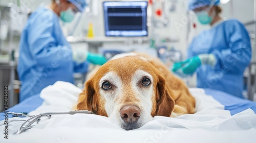 Animal healthcare includes emergency care A dog receiving veterinary care in a clinic with professionals in scrubs and masks.