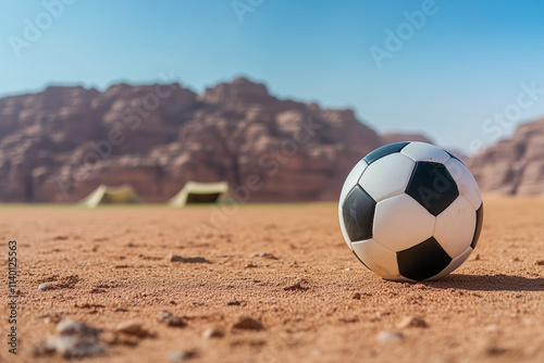 A football on a sandy pitch in Middle East, such as Saudi Arabia, Iraq, Jordan, Egypt, Iraq, UAE, Oman, Tunisia, Morocco or in Algeria etc. blending the rugged beauty of the desert with the sport