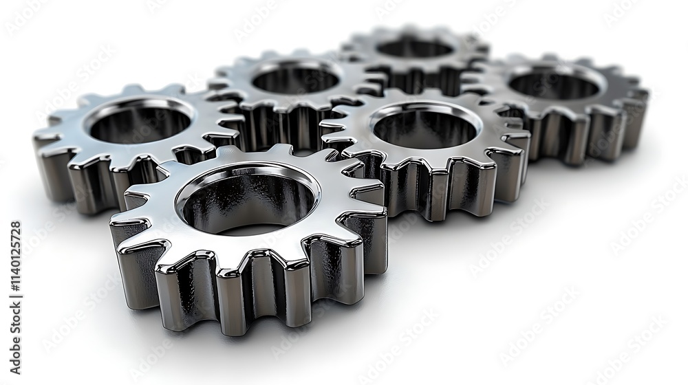 Isolated white background, interlocking gears with a metallic finish, representing teamwork, polished metal Isolated white background, interlocking gears with a metallic finish, representing teamwork, polished metal