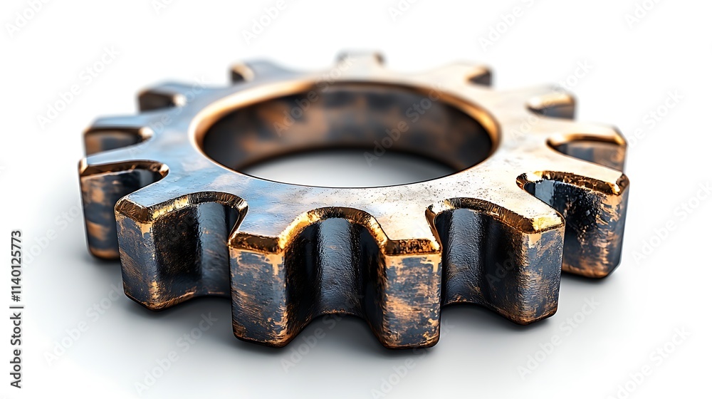 Isolated white background, interlocking gears with an abstract shape, symbolizing teamwork, polished metal, vivid clarity 