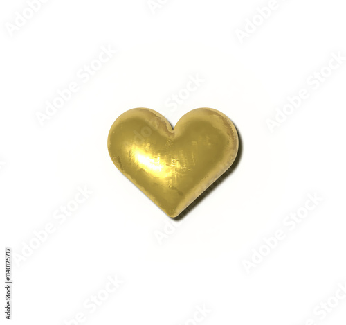 Glossy shiny metallic golden heart with shadow isolated on transparent background. 3D realistic illustration heart for Valentine's Day, the day of love. 