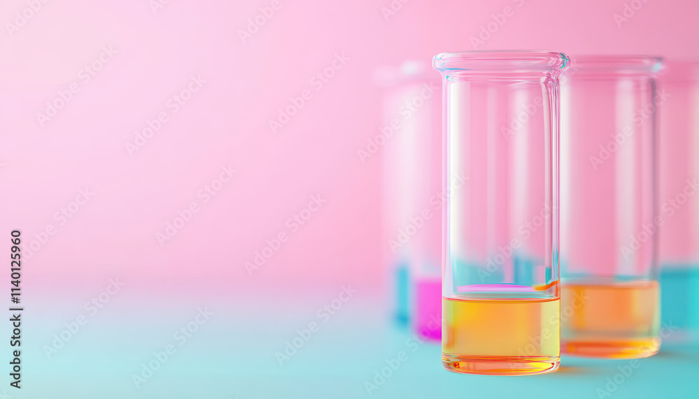 Colorful test tubes filled with vibrant liquids against soft pink background create visually striking scene. bright colors evoke sense of creativity and experimentation Colorful test tubes filled with vibrant liquids against soft pink background create visually striking scene. bright colors evoke sense of creativity and experimentation