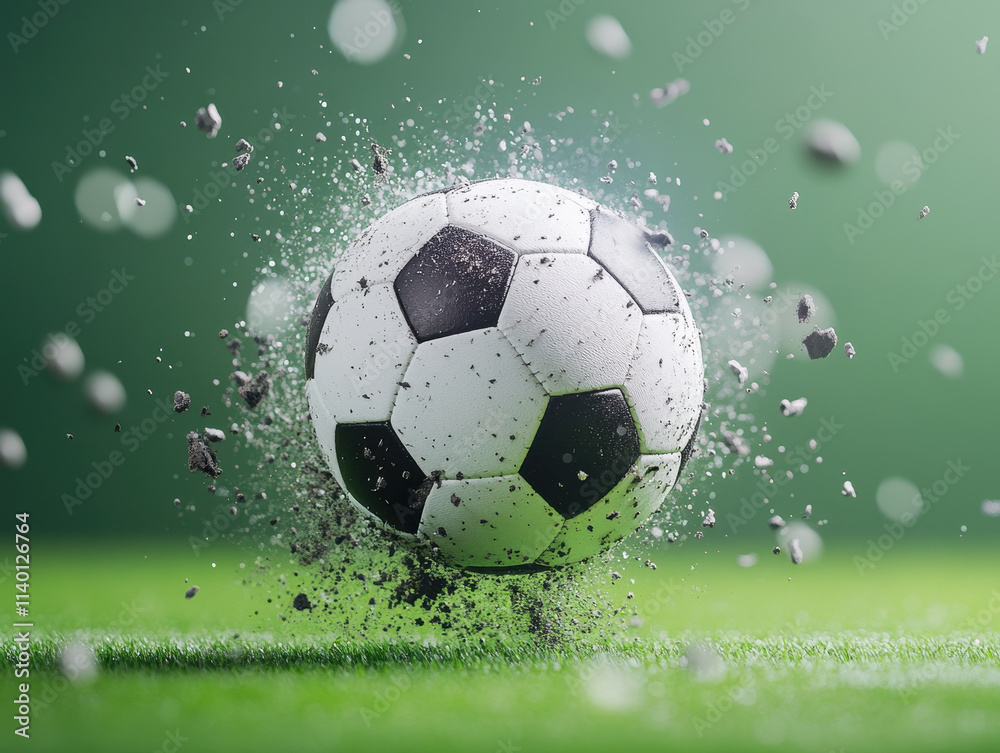Fototapeta premium soccer ball spinning in air, surrounded by debris, captures dynamic energy of game. vibrant green grass adds to excitement of this action shot