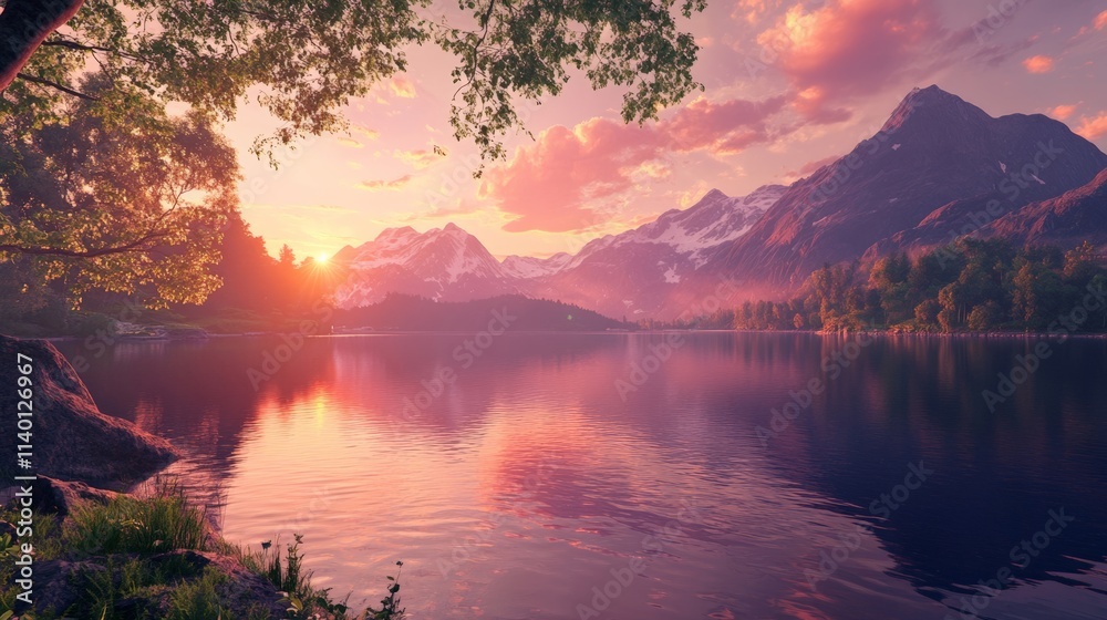 Fototapeta premium Serene Mountain Lake at Sunset with Pink Skies and Reflection on Water