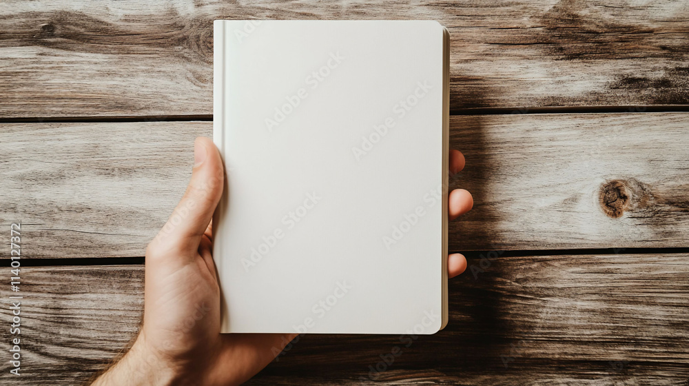 A hand holding a blank notebook on a wooden surface. A hand holding a blank notebook on a wooden surface.